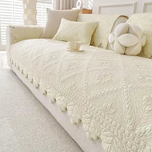 vctops Farmhouse 100% Cotton Quilted Couch Cover Floral Embroidered Sofa Cover Non-Slip Soft Sofa Slipcover Washable Furniture Protector(Cream,28"x28")