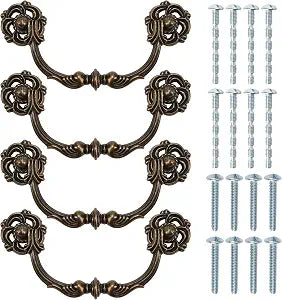 4-Pack 4.5" C-C Antique Brass Drawer Pulls  Vintage Style Drop Bail Dresser Handles, 4 1/2" 107mm Centers (4.5" Hole to Hole), Bronze Look Cabinet Knob Hardware for Desk and Drawer Furniture