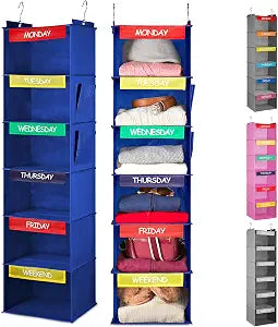 Kids Hanging Closet Organizer 6-Shelf with Day-of-Week Labels Blue