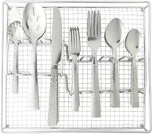 Gibson Home Prato 65-Piece Stainless Steel Flatware Utensil Set with Wire Caddy  Silverware Service for 12 with Hammered Handle Design and Serving Pieces