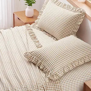 NSGZ Gingham Ruffle Twin Sheet Set, Taupe Microfiber Plaid Bed Sheets