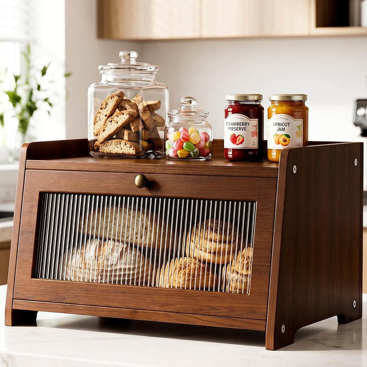 Wooden Bread Box for Kitchen Countertop with Clear Acrylic View Window