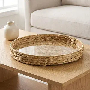 Water Hyacinth Woven Decorative Tray with Acrylic Insert, 16"
