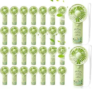 Tuanse 30 Pcs Mini Handheld Fans for Wedding Guests with Lanyard, Green