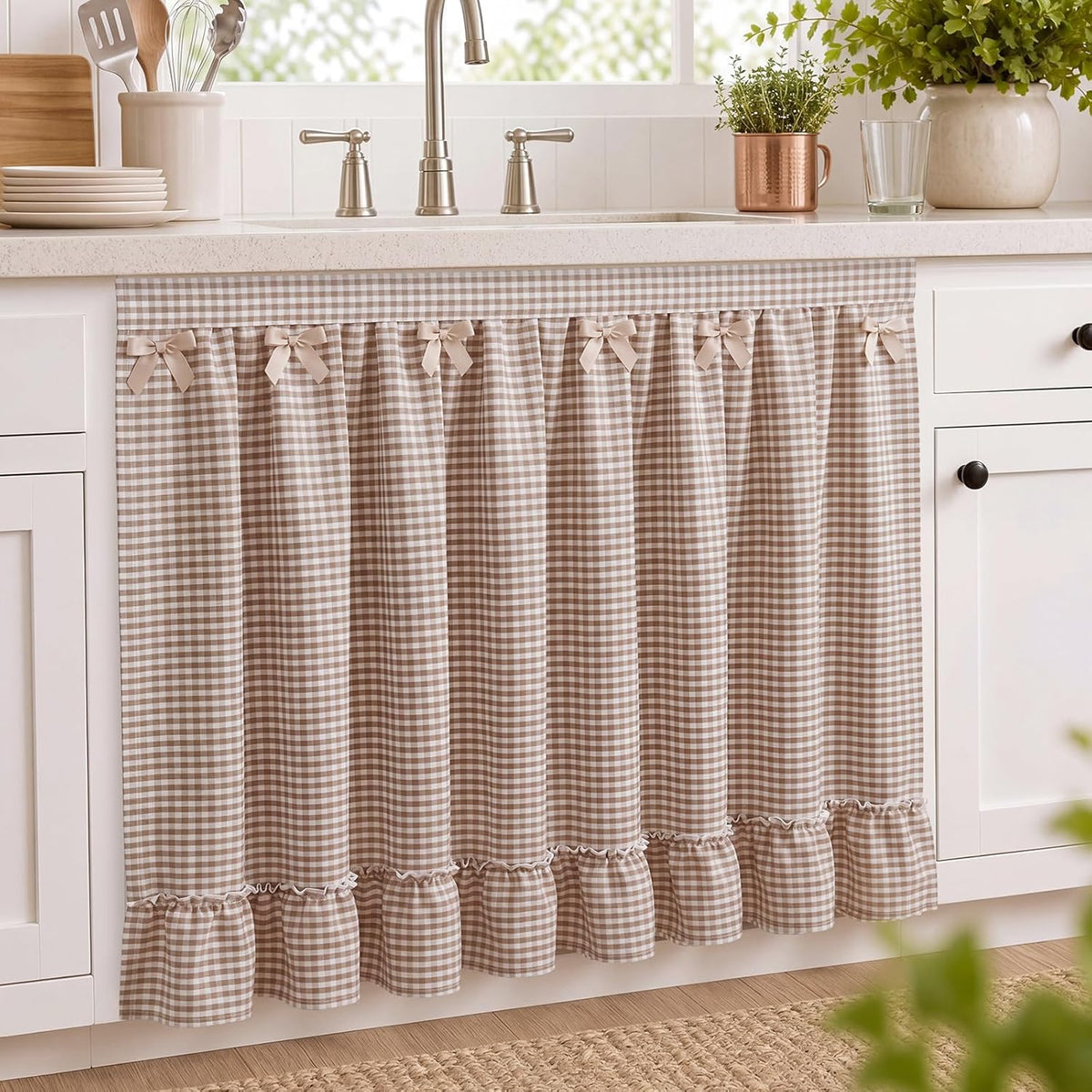 Tudomro Beige Brown Gingham Sink Skirt for Bathroom Ruffled Cabinet Curtain