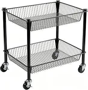 2 Tier Rolling Pantry Cart on Wheels Thick Metal Pantry Floor Organizer Small Utility Cart for Small Space, Fruit Vegetables Rack for Kitchen, Under Desk Storage Onion Potato Storage Basket, Black