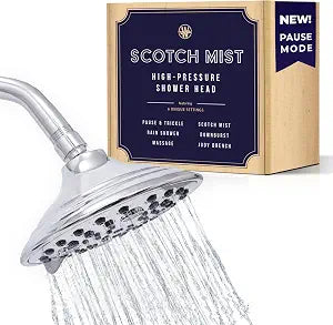 Winthorpe Scotch Mist Shower Head with Pause and Trickle Mode for Shaving, 6 Spray Settings, Mist, Massage and Rain, 6 Inch Fixed Chrome Showerhead, 1.8 and 2.5 GPM Restrictors Included