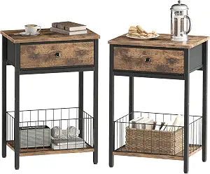 Night Stand Set 2, Night Stand with Drawers, Industrial nightstand, Nightstand with Fabric Bins, Bedside Table End Table for Bedroom, Closet, Entryway, College Dorm, Rustic Brown LNT0061BR2
