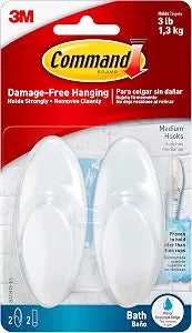 Command Medium White Bath Hooks, 2 Hooks, 2 Strips