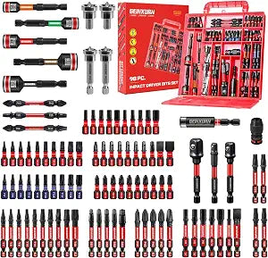 Geinxurn 98Pieces 1/2 Impact Screwdriver Bits Set, Magnetic S2 Steel (Phillips/Slotted/Square/Torx/Hex/Security Torx) Driver Bits Tips,Impact Bit Holder and Nut Driver with Red Storage Box Case