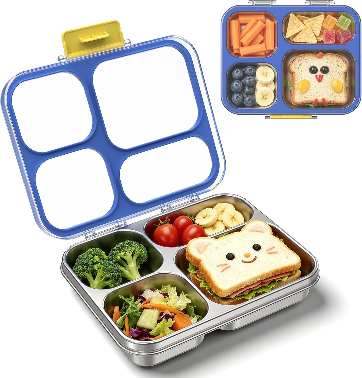 Stainless Steel Lunch Box for Kids, Leakproof 4 Compartment Kids Bento Lunch Box with Clear Lid, BPA-Free Steel Lunch Box Containers for School Travel (Blue)