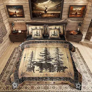 Erosebridal Rustic Bear Comforter Set Queen 7 Piece Woodland Wildlife Hunting Bed in A Bag Farmhouse Cabin Lodge Bedding Comforter Sets for Kids Adults Men Black Retro Country Animal Bed Set