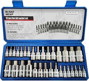 SUNHZMCKP 32 Piece Allen Socket Set, 1/4", 3/8", & 1/2" Drives Hex Bit Socket Set, Include Complete SAE and Metric Size Socket Set, S2 & Cr-V Steel and Enhanced Storage Case