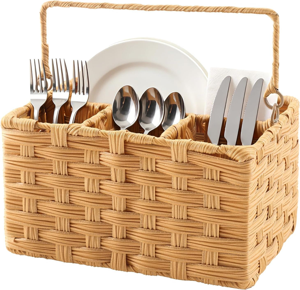 Wicker Utensil Caddy - Tabletop Utensil & Silverware Organizer with Handle, Multi-Use Cutlery and Condiment Holder, Kitchen Countertop Basket, Ideal for Parties, Picnics & Buffets