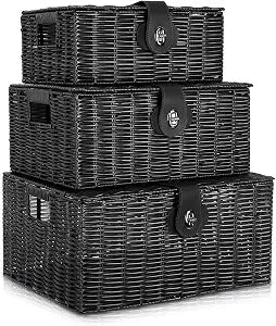Set of 3 Woven Wicker Storage Basket Box with Lids & Lock, Built-in Carry Handles, Multifunctional Storage Organizer for Nursery, Baby, Clothes, Toys, Books, Large/Medium/Small Size (Black)