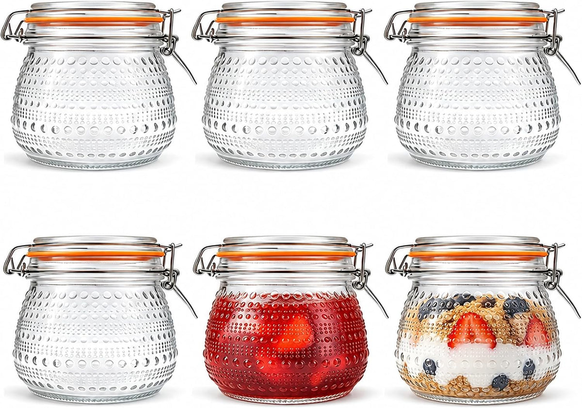 WACOI 16 Oz Glass Storage Jars with Airtight Lids 6 Pack, Wide Mouth Canning Jars with Clip Top Lids for Kitchen Storage Pickling Salad Jams Coffee Beans