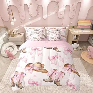 Manfei 7 Pieces Western Cowgirl Comforter Set for Kids,Pink Bowknot Cowgirl Boots Bedding Set Twin Size,Princess Bow Tie Comforter for Boys Girls Adult Super Soft Fade Resistant Microfiber Bedding
