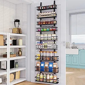 Eastherry Over The Door Pantry Organizer9-Tier Over The Door Organizer with Adjustable BasketMetal Hanging Pantry Organizers and Storage for Kitchen, Back of Door Seasoning Rack (Black)