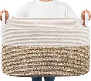 Goodpick Large Woven Rope Blanket Basket, Rectangle, White & Light Brown