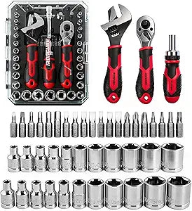 ironcube 53-Piece Socket Ratchet Wrench Set, with 20-In-1 Ratcheting Screwdriver & 2-in-1 Adjustable Wrench for Garage, Auto Repair, Household Backyard & College Dorm