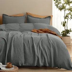 PHF 100% Cotton Muslin Duvet Cover Queen Size, 3-Layer Guaze Ultra Soft Breathable Textured Linen Like, 3pcs Bedding Comforter Cover Set for All Season, Duvet Set with 2 Pillow Shams, 90"x90", Grey