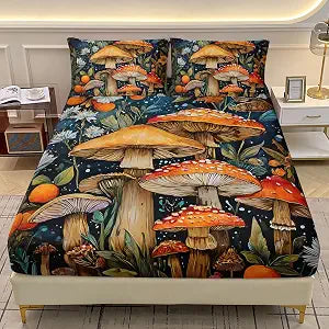 AILONEN Girls Cartoon Mushroom Fitted Sheet Set Twin Size - Nature Wild Fungus Fitted Sheet + 2 Pillowcases - Beautiful Mushroom Botanical Flowers Sheets Set 3-Piece