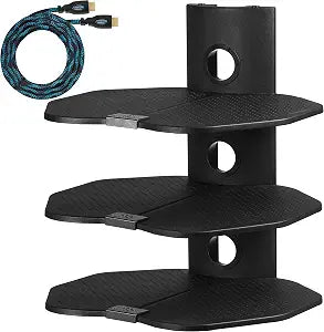 Cheetah TV Wall Mount 3 Shelf Bracket, with 15ft HDMI Cable, Three 18x16-Inch Black Components Shelves Under TV for Cable Box, Blu Ray Player, Stereo AV, AS3B