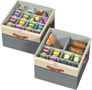 Shoe Organizer for Closet, 2 Pack Foldable Shoe Storage Organizer Box Bin with Adjustable Dividers and Clear Cover, Fits up to 16-32 PairsGrey&Beige