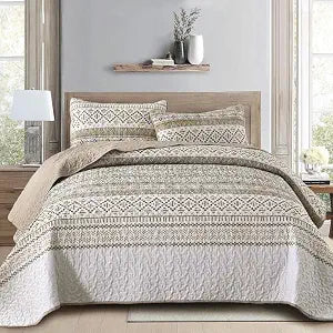 Menghomeus Taupe Aztec Quilt Set King Size Boho Striped Printed Quilt with 2 Pillowshams Patchwork Bedding Set Soft Microfiber Bedspread Coverlet Set for All Season