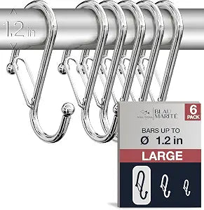 6-Pack Metal S Hooks for Hanging  Heavy-Duty S-Shaped Hook with Safety Buckle  Fits Bars up to 1.2 in  Anti-Drop S-Hooks for Closet, Wardrobes & Storage  Silver (Large)