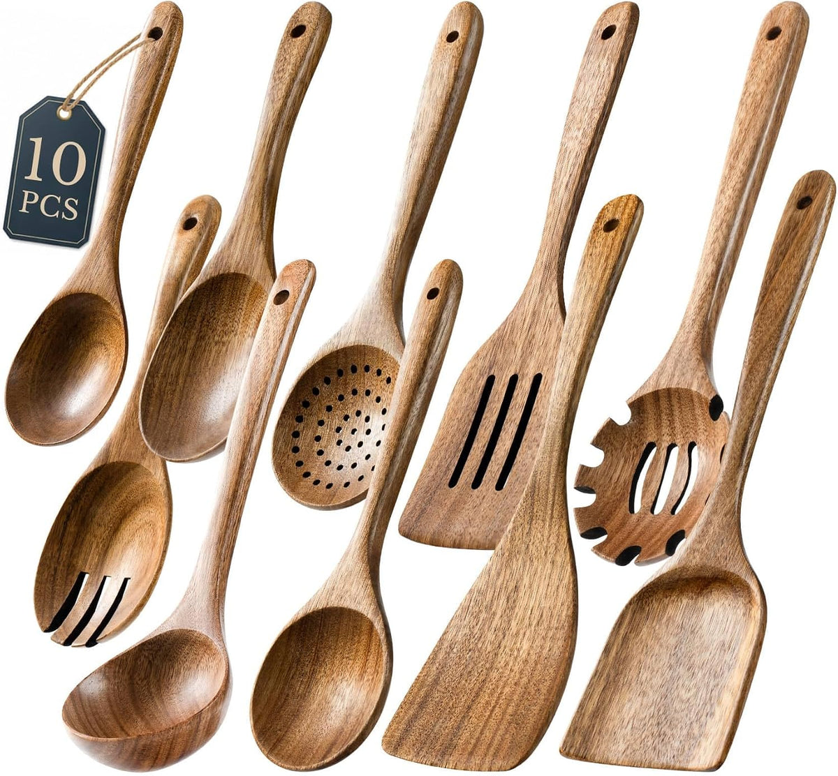 Acacia Wood Cooking Utensils, 10-Piece Wooden Spoons and Spatulas