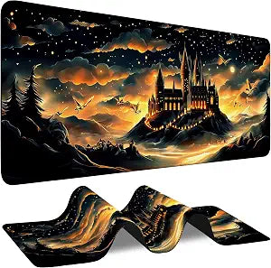 Large Gaming Mouse Pad Fantasy Castle Night Extended Computer Keyboard Mousepad with Non-Slip Rubber Base Stitched Edge Waterproof Big Long Laptop Pad for Gamer Office Home 35.4"X 15.7"