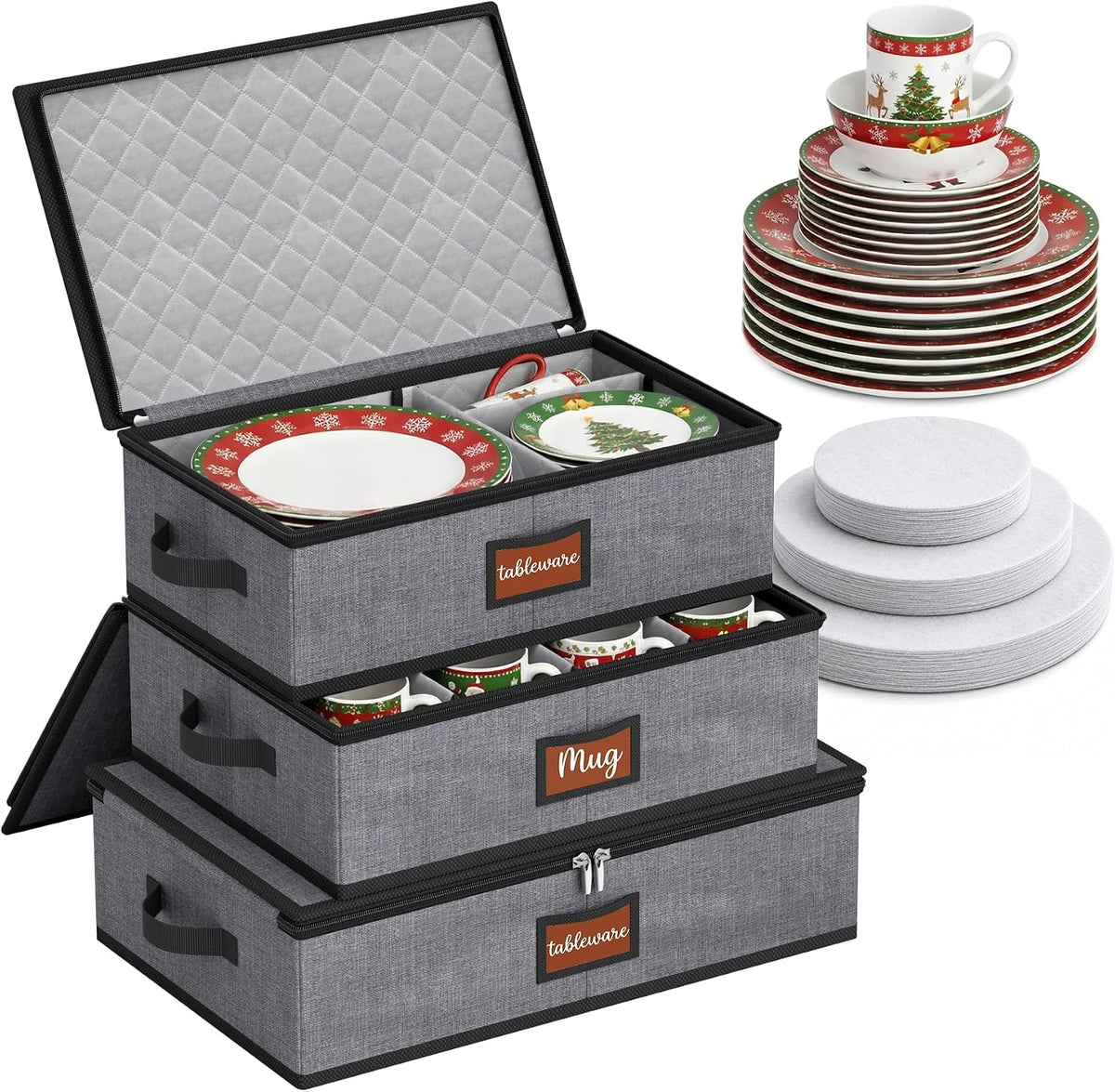 MISSLO Large Capacity China Storage Containers Hard Shell Plate Storage Containers, Kitchen Packing Moving Boxes for Dishes, Dinnerwares, Mugs Protectors, Grey, 3 Piece Set