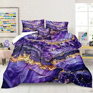 Bedbay Purple Gold Marble Comforter Set Queen Size Marble Bedding Set Abstract Art Texture Stone Diamond Aesthetic Room Decor 4 Pcs Luxury Bedding 1 Comforter 2 Pillowcases 1 Cushion Cover
