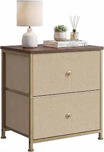 Nightstand with 2 Drawers, Small Fabric Bedside Table for Bedroom, Khaki