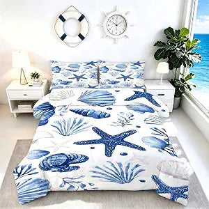 Coastal Comforter Set Twin Size Nautical Ocean Beach Themed Bedding for Kids Teens Adults Starfish Seashell Quilt Bedroom Decor 1 Comforter 1 Pillowcase