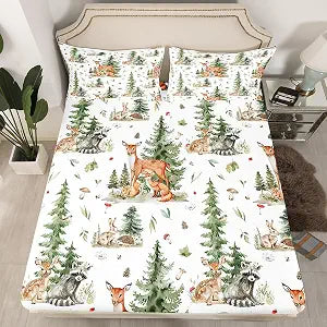 Manfei Cute Deer Fox Kids Fitted Sheet Twin Size,Mushroom Pine Trees Rustic Farmhouse Bedding Set,Boys Girls Adults Room Decor,Cartoon Rabbits Hedgehogs Bed Cover,Bright Bed Sheet,1 Pillowcase