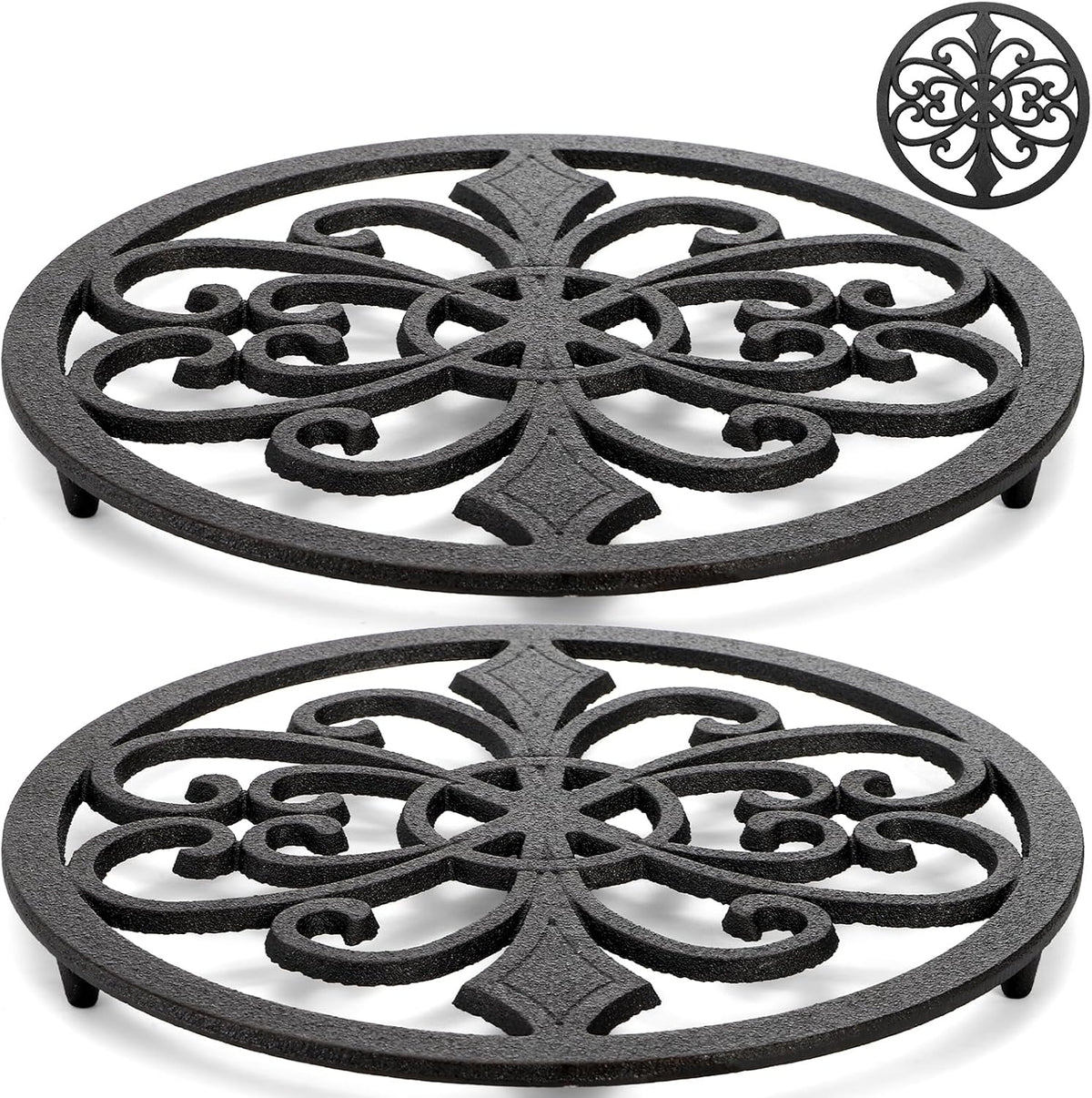 Kingrol 2-Pack Cast Iron Trivets, 8 Inch Heat-Resistant Metal Pot Holders for Hot Dishes, Protect Countertops & Dining Tables, Rustic Farmhouse Kitchen Decor