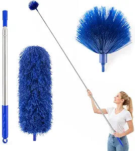 Cobweb Duster with Extension Pole, Spider Web Brush, 100" Microfiber Feather Duster, Washable Cleaning Kit for Ceiling Fan, Furniture, Home, Blue