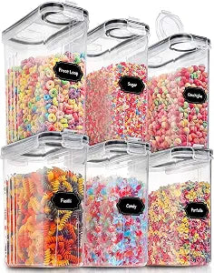PRAKI Large Dry Food Storage Containers with Lids, 6PCS Airtight Cereal Containers Storage Set, Leak-proof Canister Set for Kitchen Pantry Organization with 20 Labels & Marker (4L Black)