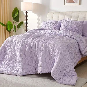 Purple Queen Comforter Set,7 Pieces Pintuck Comforters,Floral Ruched Bedding Set,Exquisite Bedding Comforter Set for All Season with Comforter,Flat Sheet,Fitted Sheet and Pillowcases & Shams(90"x90")