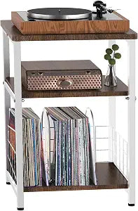 Record Player Stand 3 Tier Vinyl Record Shelf Side End Table White