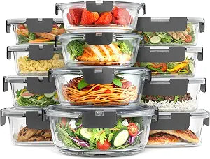 KICHLY 24 Pc Borosilicate Glass Meal Prep Containers with Lid,12 Pack, Grey