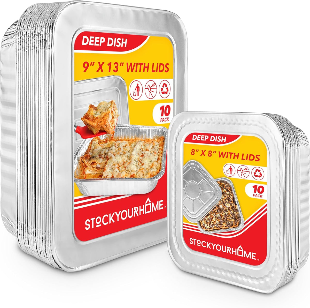 Disposable Foil Pans with Lids (Set of 20) Heavy Duty Aluminum Pans with Lids 9x13 (x10), 8x8 (x10) Baking Tins with Covers for Cooking, Heating, Storing, Food Prep, Holiday Dinner Meals, Silver