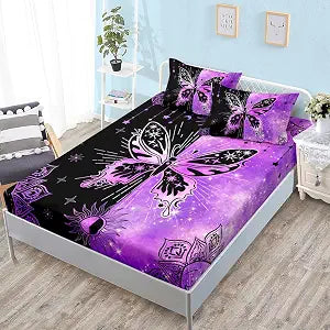 HOSIMA Butterfly Twin Fitted Sheet Set, Microfiber 3 Piece Twin Bedding Sets Starry Sun Mandala Fitted Sheet for Kids Teens, Bohemian Aesthetics Room Decor