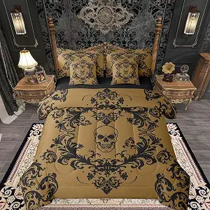 Feelyou Gothic Boho Skull Comforter Set with Sheets 7 Piece Queen Size Damask Print Bed in a Bag Kids Boys Girls Goth Bohemian Floral Bedding Set Bedroom Decor Breathable Soft Lightweight Microfiber