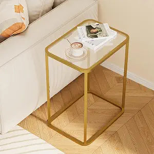 Garden 4 you Glass Side Table, Rectangle End Table with Metal Frame, Modern Bedside Table for Office, Bedroom, Living Room, Study, Small Spaces, Easy Assembly, 15.75 * 11.81 * 20.87 Inches, Gold