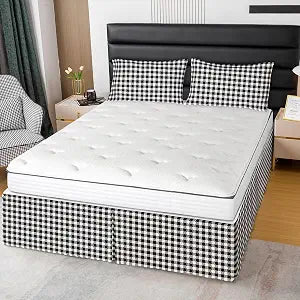 Erosebridal Buffalo Grid Bed Skirts Lattice Check Bed Skirt Hotel Microfiber Tailored Style Bedskirt (King, Blck White)