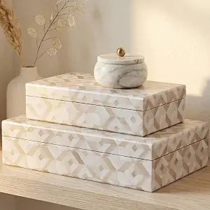 Decorative Storage Boxes with Lids - Set of 2 Organizer Bins for Bookshelf