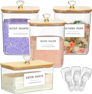 4 Pack Clear Laundry Pods Container & Dryer Sheet Holder Set with Lid, Laundry Containers with Scoops & Labels, Laundry Room Organization and Storage for Laundry Detergent, Pods, Powder, Beads